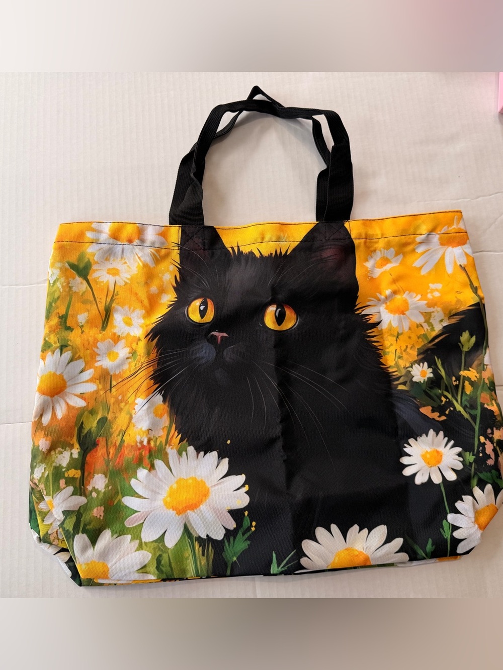 Black Cat Daisy Tote Bag Yellow Floral Canvas Tote